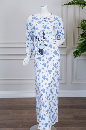 قميص نسائي شتوي طويل لون أبيض مزين برسومات باللون السماوي ياقة دائرية بأزرار و أكمام طويلة