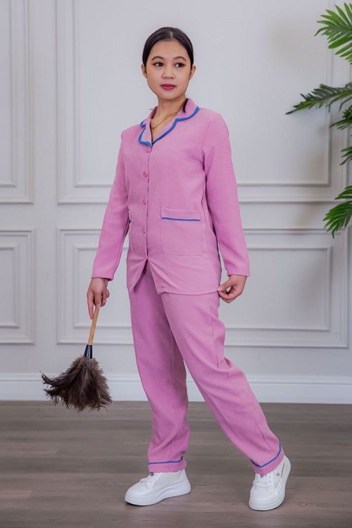 بيجامة عاملة شتوية قطعتين متعددة الألوان بلوزة بياقة مطوية و بجيوب و أزرار من الأمام مع بنطلون طويل