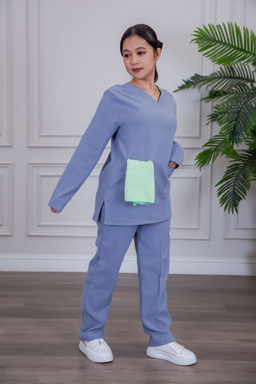 بيجامة عاملة شتوية قطعتين متعددة الألوان بلوزة بياقة قصة سبعة و بجيوب من الأمام مع بنطلون طويل