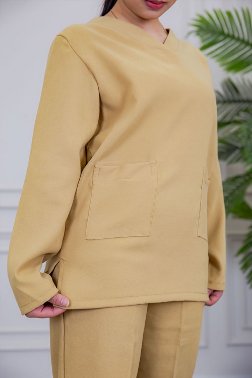 بيجامة عاملة شتوية قطعتين متعددة الألوان بلوزة بياقة قصة سبعة و بجيوب من الأمام مع بنطلون طويل