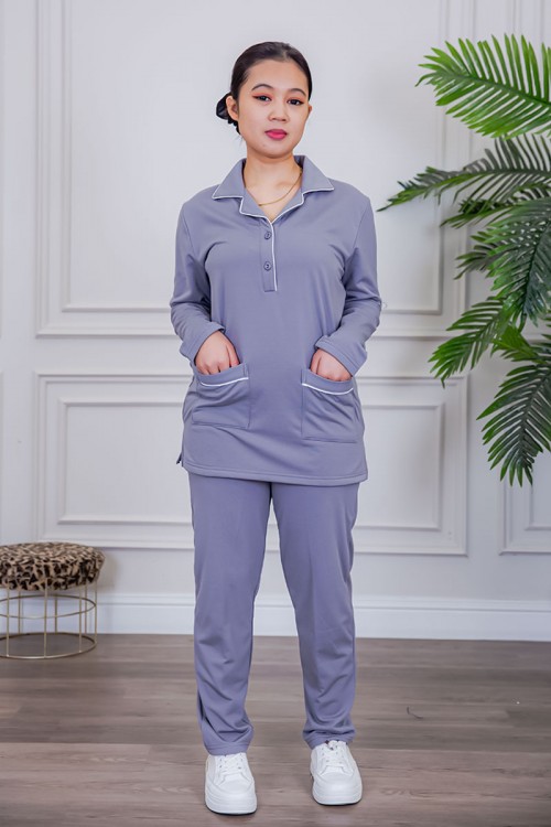 بيجامة عاملة قطعتين مبطنة متعددة الألوان بلوزة بياقة مطوية و بجيوب و أزرار من الأمام مع بنطلون طويل