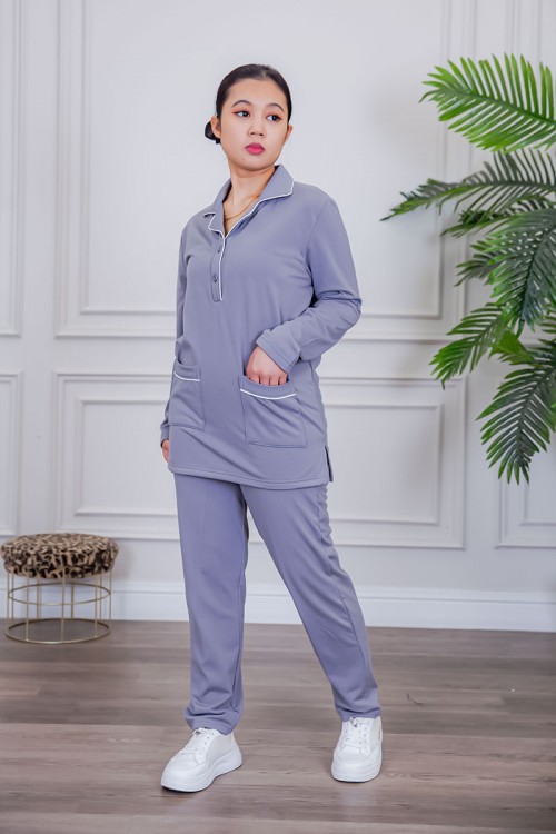 بيجامة عاملة قطعتين مبطنة متعددة الألوان بلوزة بياقة مطوية و بجيوب و أزرار من الأمام مع بنطلون طويل