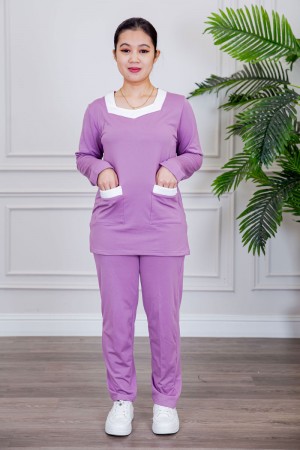 بيجامة عاملة قطعتين مبطنة متعددة الألوان بلوزة بياقة مربعة و بجيوب من الأمام بأكمام طويلة مع بنطلون طويل