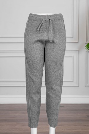 بنطلون نسائي شتوي طويل لون رمادي برباط في الخصر