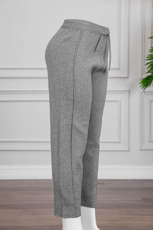 بنطلون نسائي شتوي طويل لون رمادي برباط في الخصر