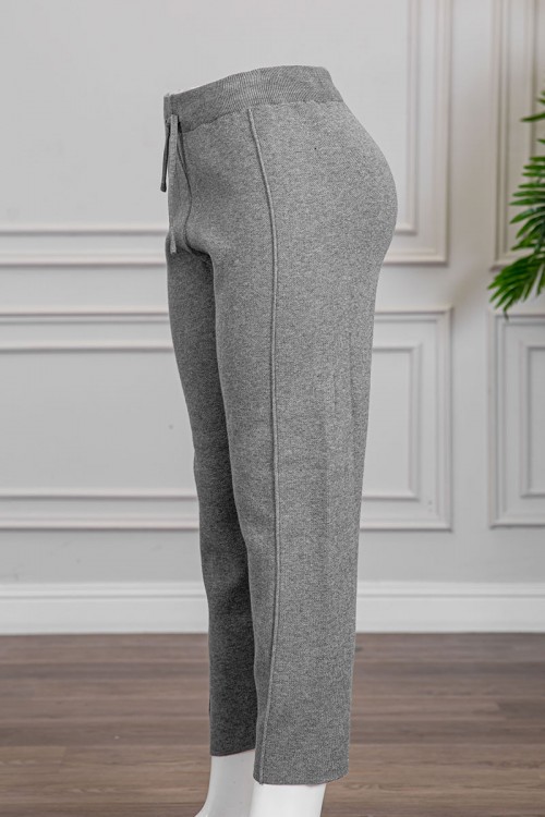 بنطلون نسائي شتوي طويل لون رمادي برباط في الخصر