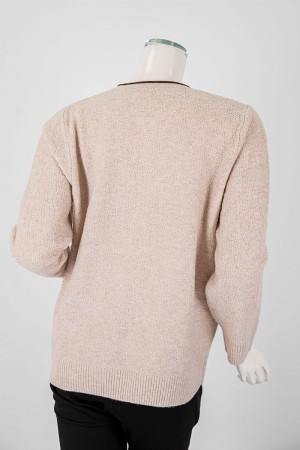 بلوفر نسائي شتوي لون بيج مزين بطبعات و فصوص ياقة دائرية و أكمام طويلة 