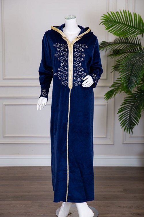 قميص نسائي شتوي طويل لون كحلي بتطريز ذهبي ياقة بقبعة متصلة و بأكمام طويلة