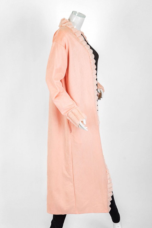 فروة نسائية شتوية طويلة لون خربزي مزينة بالفرو في الأطراف