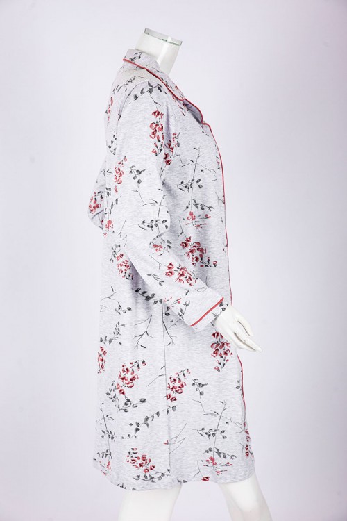 قميص نسائي شتوي ميدي لون رمادي فاتح مشجر بجيب من الأمام ياقة مطوية بأزرار و أكمام طويلة