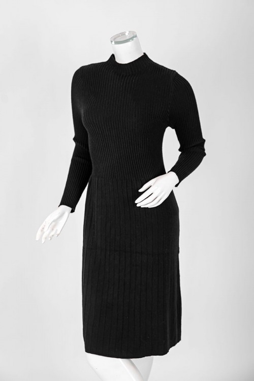 فستان نسائي شتوي قصير لون أسود ياقة عالية و أكمام طويلة