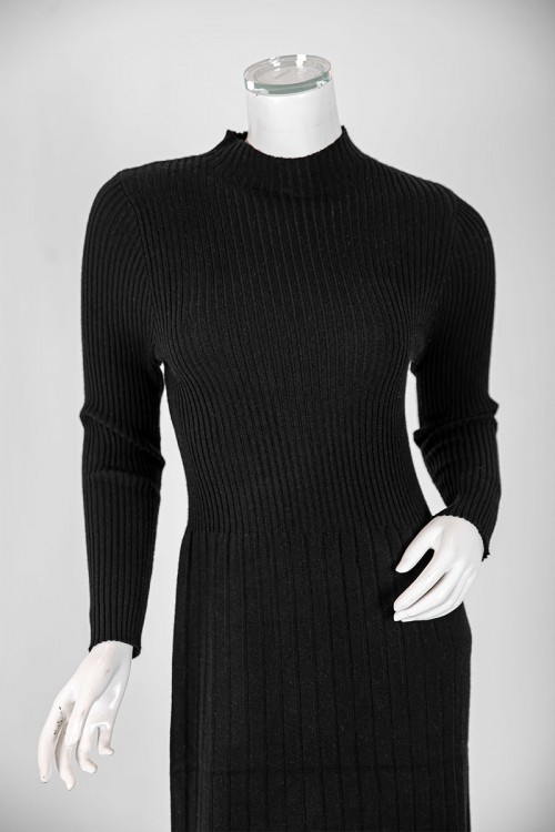 فستان نسائي شتوي قصير لون أسود ياقة عالية و أكمام طويلة