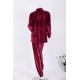 بجامة نسائية شتوية قطعتين لون عودي بنقوش بلوزة بياقة عالية و أزرار و بأكمام طويلة مع بنطلون طويل