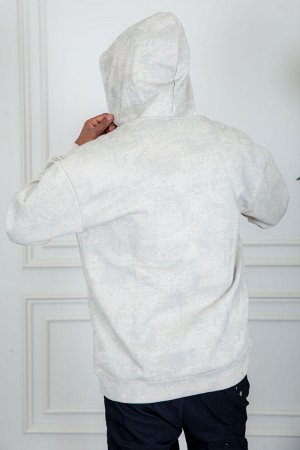 بلوفر رجالي شتوي لون بيج بنقوش باللون الرمادي قبعة متصلة برباط و أكمام طويلة مع جيب الكنغر