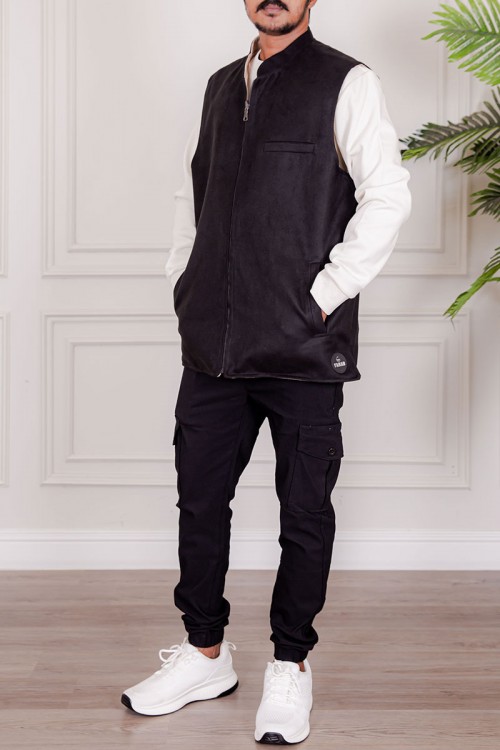 سديري رجالي وجهين دبل فيس لون بيج و أسود بجيوب و سحاب من الأمام