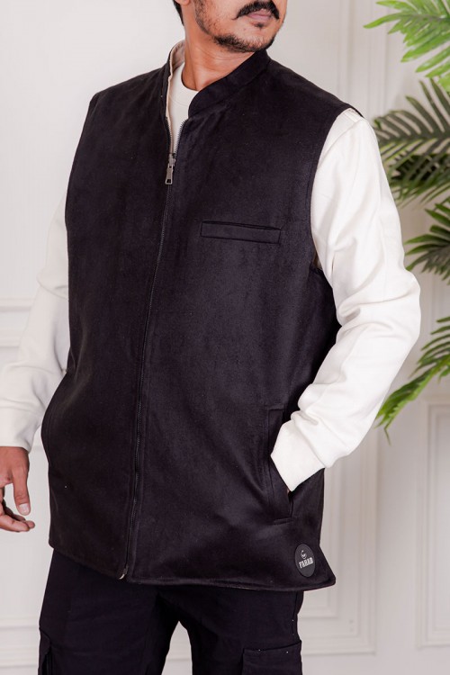 سديري رجالي وجهين دبل فيس لون بيج و أسود بجيوب و سحاب من الأمام