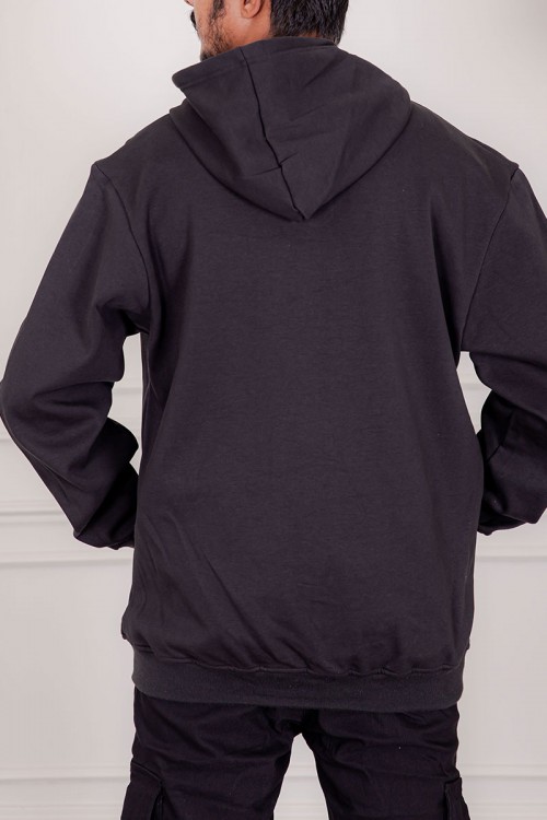 جاكت رجالي شتوي لون أسود قبعة متصلة برباط و بسحاب من الأمام مع جيب الكنغر و بأكمام طويلة