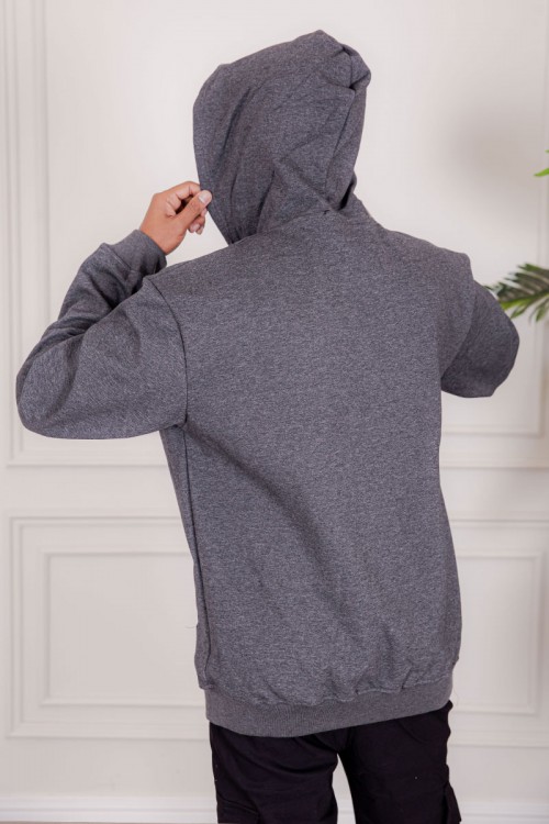 جاكت رجالي شتوي لون رمادي قبعة متصلة برباط و بسحاب من الأمام مع جيب الكنغر و بأكمام طويلة