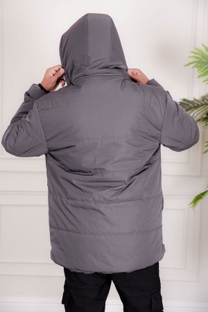 جاكيت رجالي شتوي منفوخ لون رصاصي بقبعة رأس منفصلة قابلة للتركيب و أكمام طويلة بجيوب وسحاب من الأمام