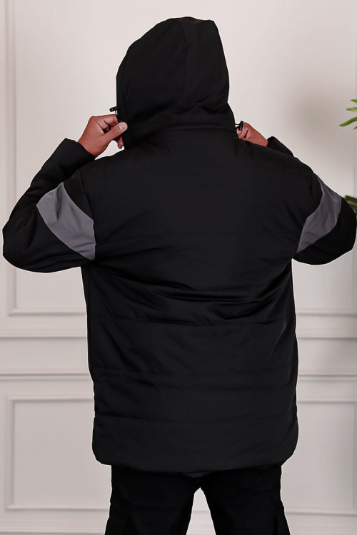 جاكيت رجالي شتوي لون أسود بقبعة رأس منفصلة قابلة للتركيب بجيوب و سحاب من الأمام و بأكمام طويلة