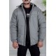 جاكيت رجالي شتوي منفوخ لون رمادي بقبعة رأس منفصلة قابلة للتركيب و أكمام طويلة بجيوب وسحاب من الأمام