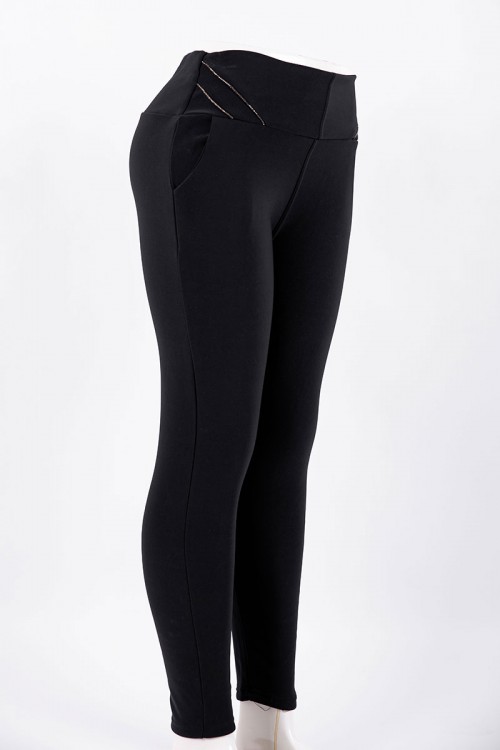 بنطلون نسائي شتوي طويل مبطن لون أسود بجيوب من الجانبين