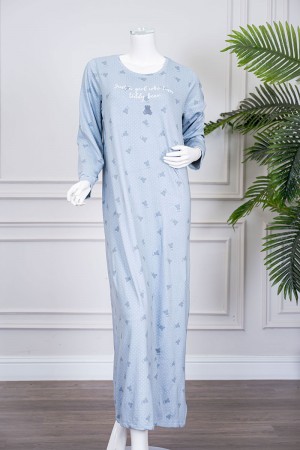 قميص نسائي طويل لون سماوي مزين بكتابات ورسومات ياقة دائرية و بأكمام طويلة