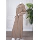 قميص نسائي شتوي طويل لون بني فاتح مزين بكتابات ياقة بقبعة متصلة و بأكمام طويلة