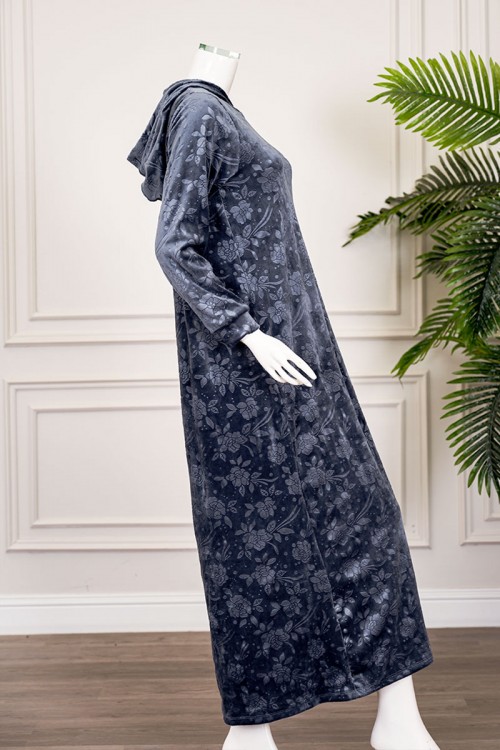 قميص نسائي شتوي طويل لون رصاصي مشجر ياقة بقبعة متصلة و بأكمام طويلة