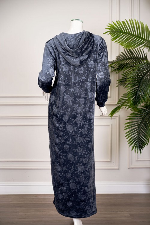 قميص نسائي شتوي طويل لون رصاصي مشجر ياقة بقبعة متصلة و بأكمام طويلة