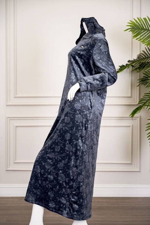 قميص نسائي شتوي طويل لون رصاصي مشجر ياقة بقبعة متصلة و بأكمام طويلة