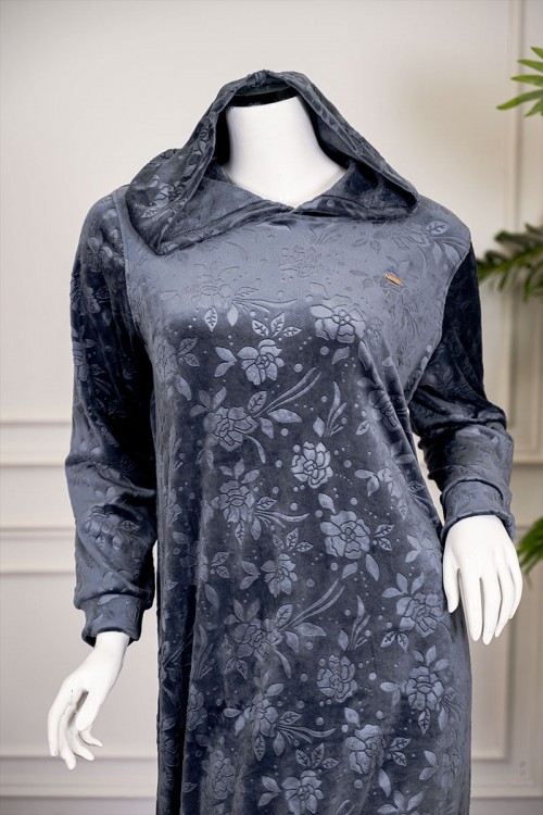 قميص نسائي شتوي طويل لون رصاصي مشجر ياقة بقبعة متصلة و بأكمام طويلة