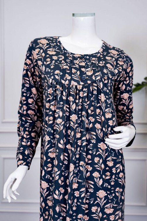 قميص نسائي طويل لون كحلي مشجر بالبيج ياقة دائرية بأزرار و بأكمام طويلة