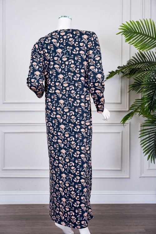 قميص نسائي طويل لون كحلي مشجر بالبيج ياقة دائرية بأزرار و بأكمام طويلة