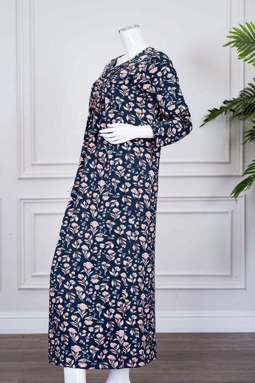 قميص نسائي طويل لون كحلي مشجر بالبيج ياقة دائرية بأزرار و بأكمام طويلة