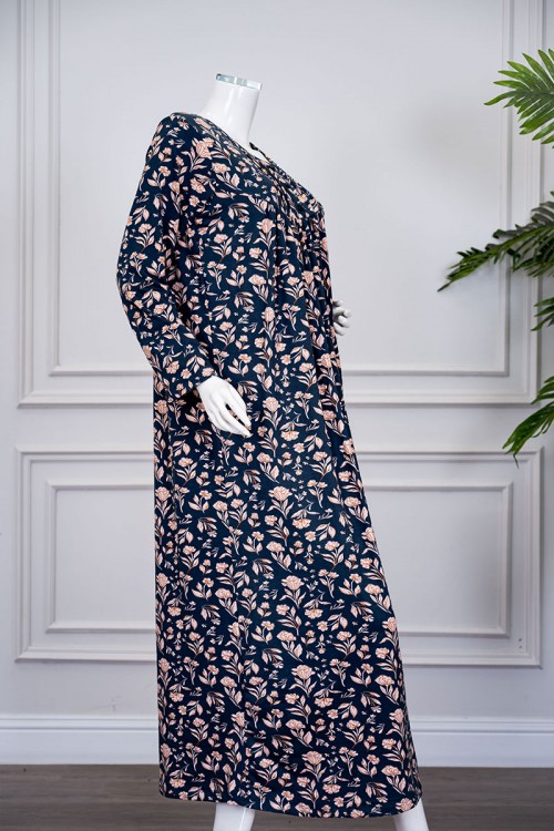 قميص نسائي طويل لون كحلي مشجر بالبيج ياقة دائرية بأزرار و بأكمام طويلة