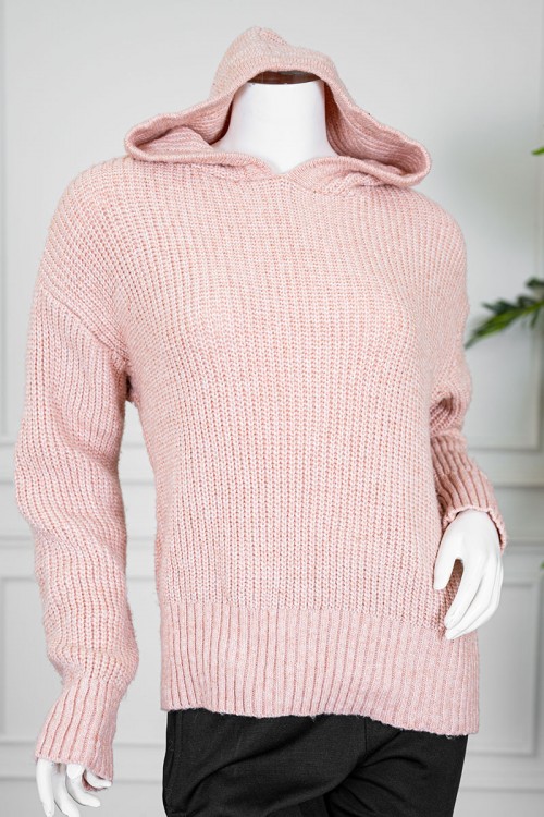 بلوزة نسائية شتوية لون خربزي ياقة بقبعة متصلة و أكمام طويلة