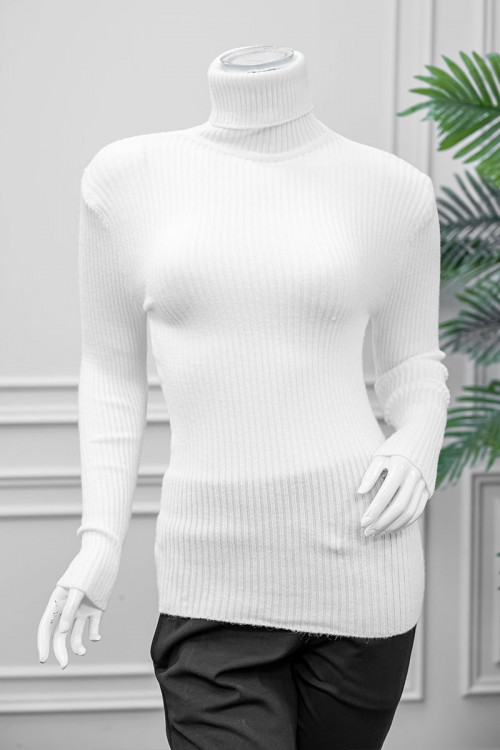 بلوزة نسائية شتوية لون أبيض ياقة عالية و بأكمام طويلة