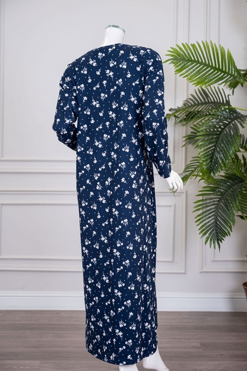 قميص نسائي طويل لون كحلي مشجر ياقة دائرية بأزرار و بأكمام طويلة