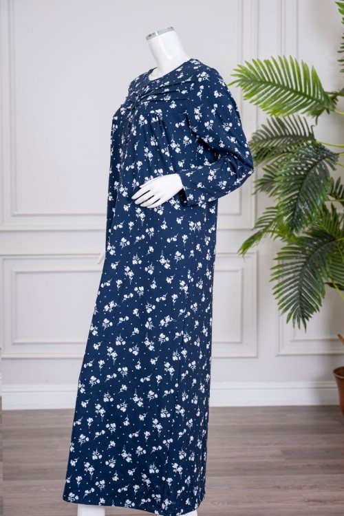 قميص نسائي طويل لون كحلي مشجر ياقة دائرية بأزرار و بأكمام طويلة