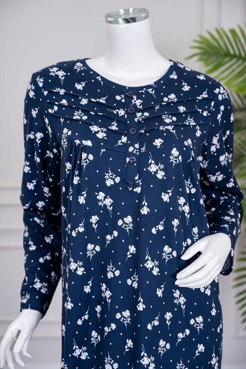 قميص نسائي طويل لون كحلي مشجر ياقة دائرية بأزرار و بأكمام طويلة