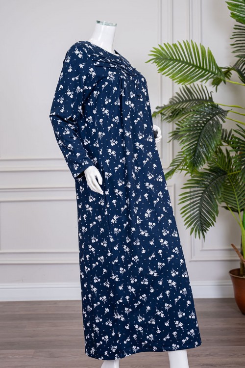 قميص نسائي طويل لون كحلي مشجر ياقة دائرية بأزرار و بأكمام طويلة