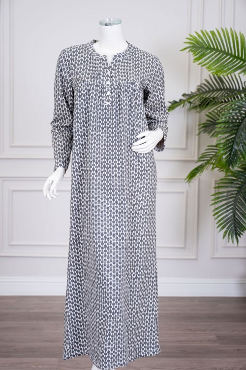 قميص نسائي طويل مزخرف باللون الرمادي ياقة دائرية بأزرار و بأكمام طويلة