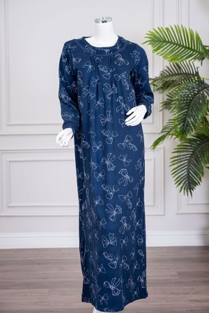 قميص نسائي شتوي طويل لون كحلي مزين برسومات ياقة دائرية و بأكمام طويلة