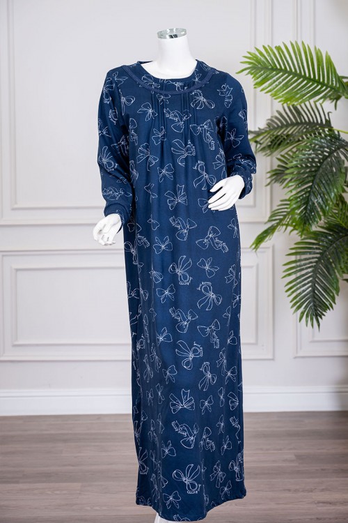 قميص نسائي شتوي طويل لون كحلي مزين برسومات ياقة دائرية و بأكمام طويلة