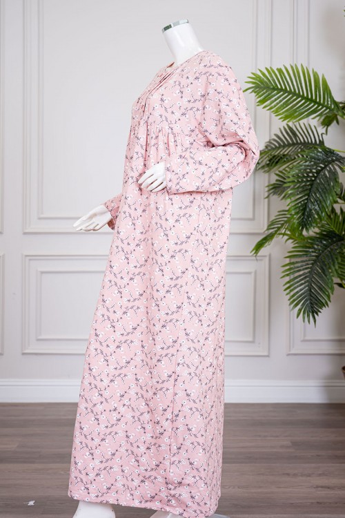 قميص نسائي طويل لون وردي مشجر ياقة دائرية بأزرار و بأكمام طويلة