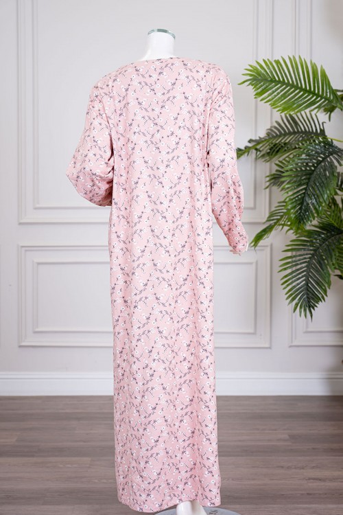 قميص نسائي طويل لون وردي مشجر ياقة دائرية بأزرار و بأكمام طويلة