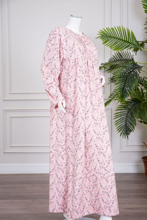 قميص نسائي طويل لون وردي مشجر ياقة دائرية بأزرار و بأكمام طويلة