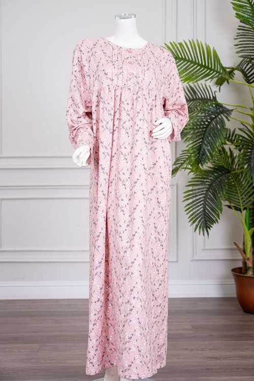 قميص نسائي طويل لون وردي مشجر ياقة دائرية بأزرار و بأكمام طويلة