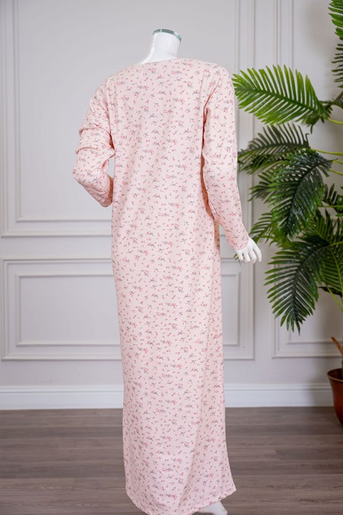 قميص نسائي طويل لون خربزي مشجر ياقة دائرية بأزرار و بأكمام طويلة